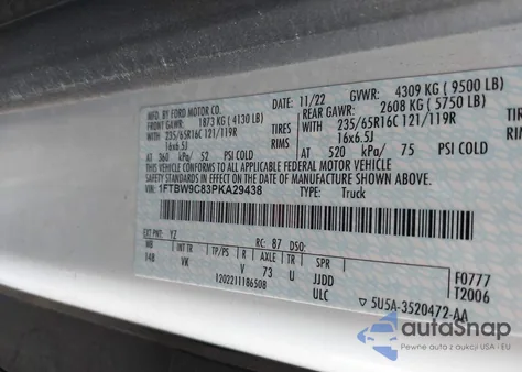 2023 Ford Transit-350 z USA, uszkodzony, nr VIN 1FTBW9C83PKA29438